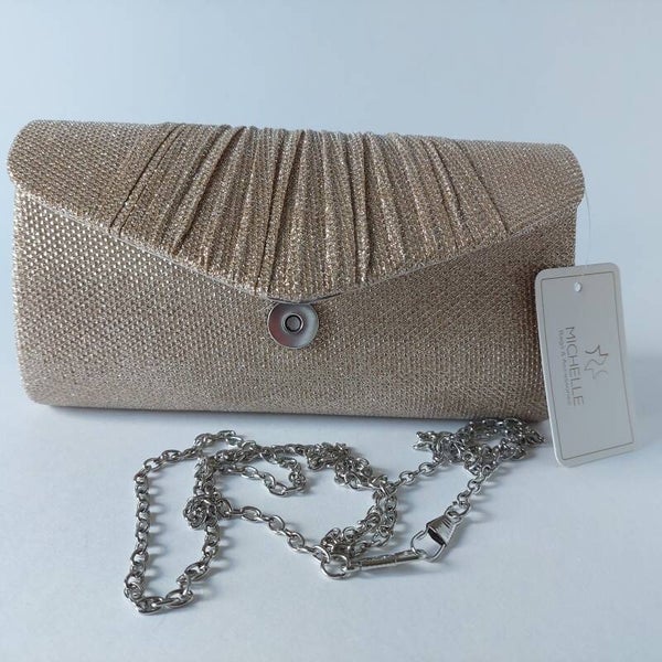 Clutch champagne dames - Michelle - voorzijde gedrapeerd - glitter - magneet sluiting - zilver kleur ketting