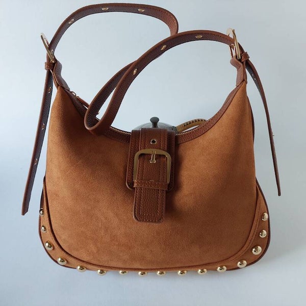 Crossbody schouder tas dames bruin - ruime tas - suede look - leer look - stoermessing details - siergesp