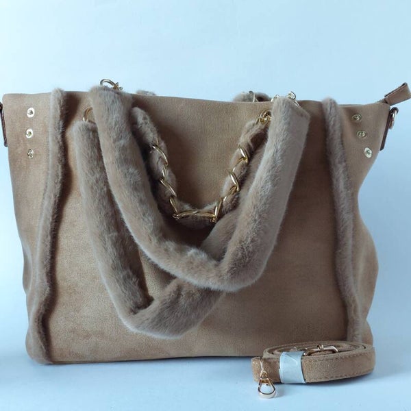Khaki schouder hand tas - suède look - ruim - meerdere handvatten - teddy stof afwerking - hippe tas - messing details