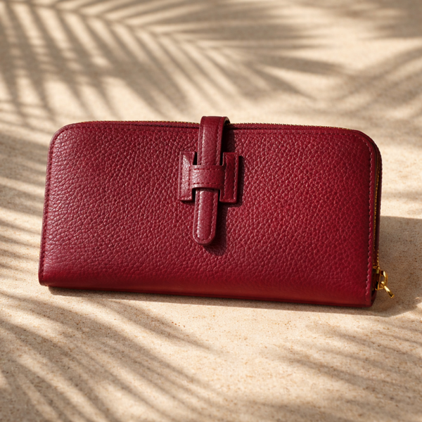 leren dames portemonnee bordeaux - ruim design van Italiaans leer met H logo - grote elegante portemonnee met veel vakjes en munt vak