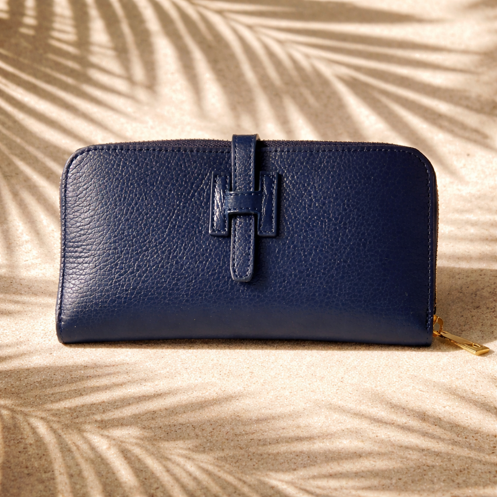 leren dames portemonnee blauw - ruim Italiaans design met H logo - grote luxe portefeuille met veel opbergvakken en munt vak - made in Italy kwaliteit
