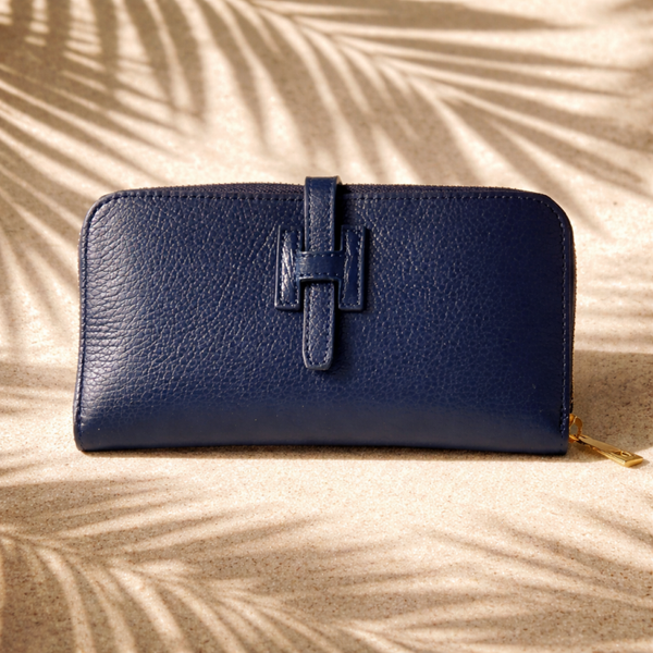 leren dames portemonnee blauw - ruim Italiaans design met H logo - grote luxe portefeuille met veel opbergvakken en munt vak - made in Italy kwaliteit