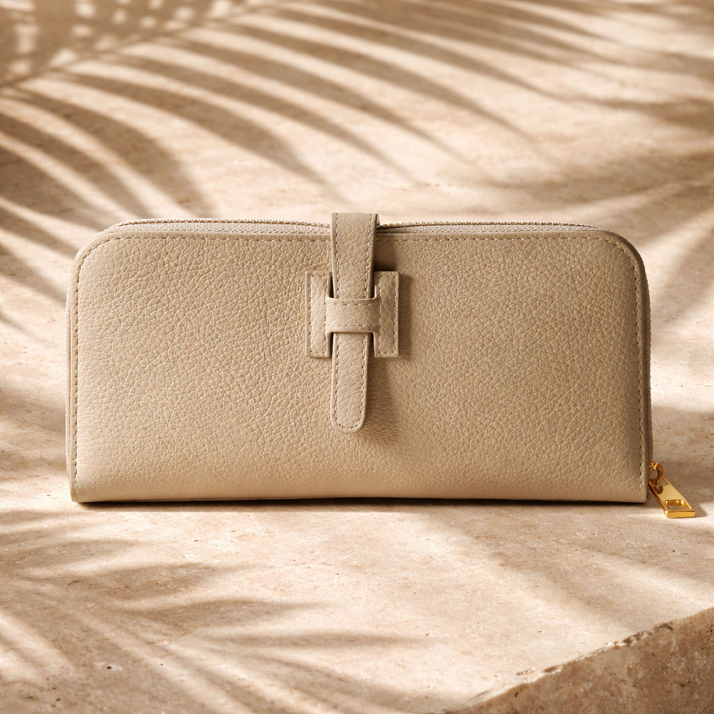 leren dames portemonnee creme - ruim Italiaans design met H logo - grote luxe portefeuille met veel vakken en munt vak - made in Italy kwaliteit