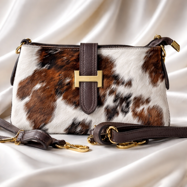 leren crossbody dames bruin dierprint - Italiaans design handtas met gouden H logo - schoudertas luxe eyecatcher - made in Italy kwaliteit