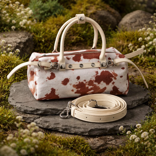 schoudertas dames koe print bruin wit - een design met zilverkleurige details - opvallende crossbody tas trendy statement bag - compacte handtas met rits