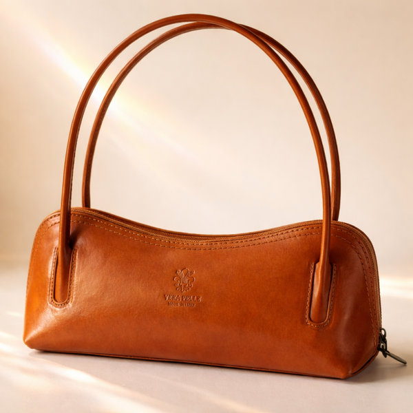 leren handtas dames cognac Vera Pelle Italiaans leer - chique design top kwaliteit - luxe handtas met burberry stijl voering - elegant en tijdloos gemaakt in italië