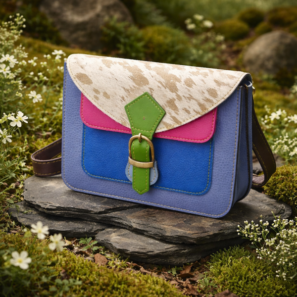 gerecycled leren crossbody tas dames multi color fairtrade - handgemaakt India used leather duurzaam - compacte unieke schoudertas