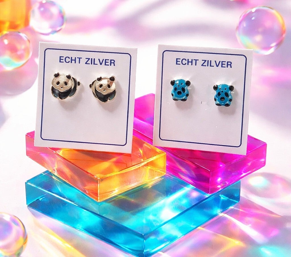 echt zilveren oorknopjes blauwe pokemon panda beertjes kinder oorbellen 925 meisjes set cadeauset geschenkverpakking
