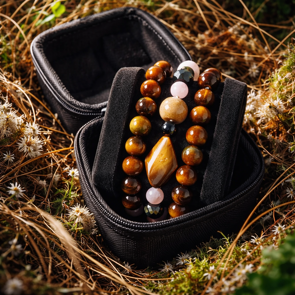 set van 3 armbanden – 2 tijgeroog armbanden – 1  armband met o.a. rozenkwarts en obsidiaan  - handgemaakt – natuurlijke edelstenen in bruintinten – bescherming en energie