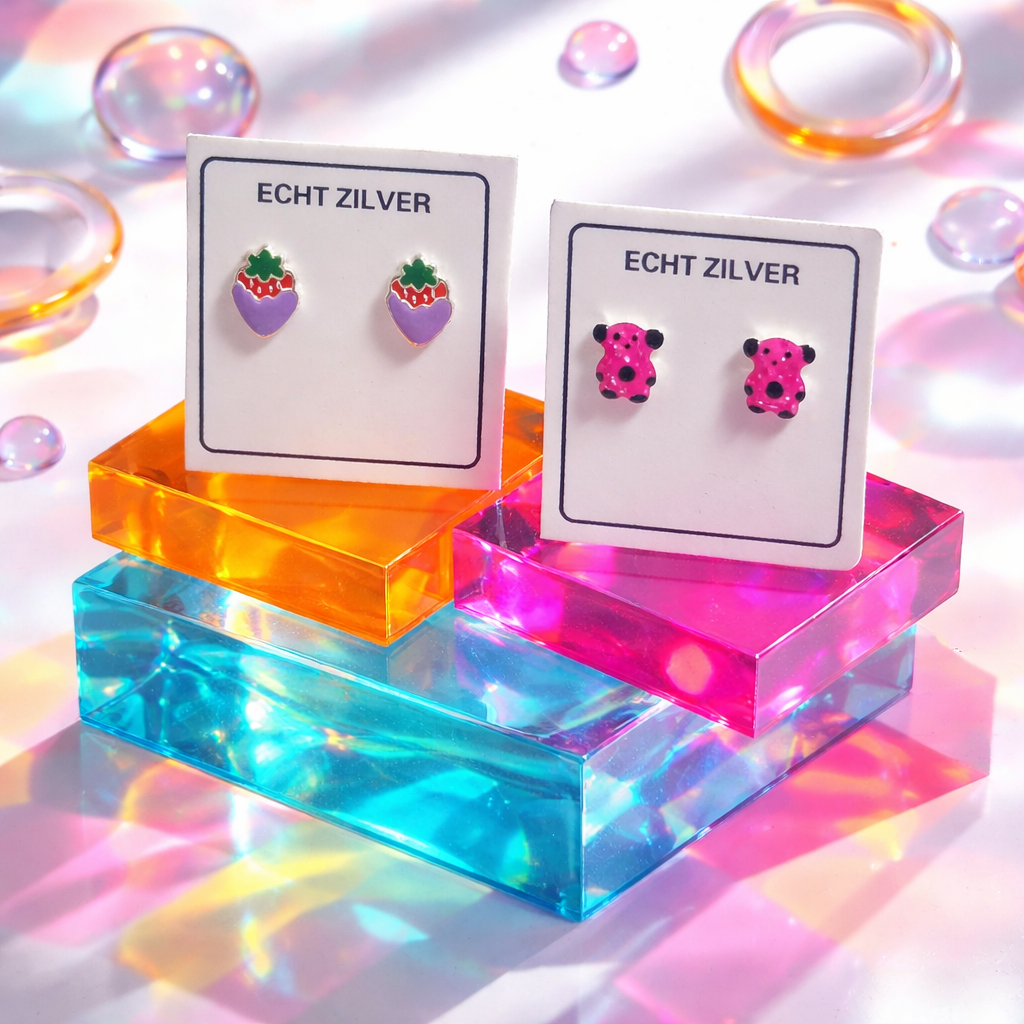 zilveren kinder oorknopjes aardbei roze en roze pokemon – 925 sterling zilver baby oorbellen – 2 paar set – cadeau in geschenkverpakking