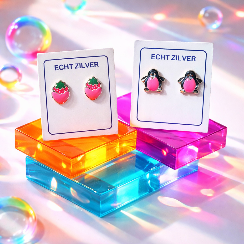 zilveren kinder oorknopjes pinguin en aardbei – 925 sterling zilver baby oorbellen – 2 paar set – cadeau in geschenkverpakking