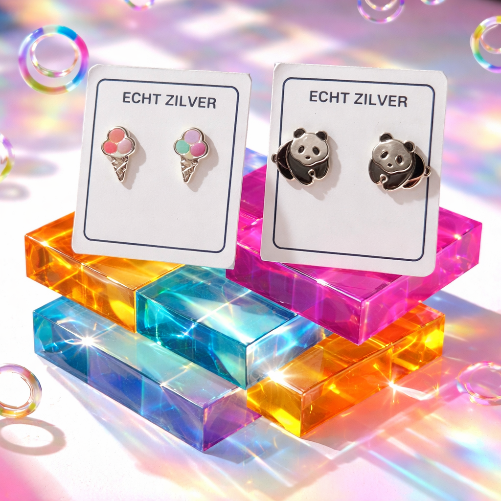 zilveren kinder oorknopjes ijsje en panda – 925 sterling zilver baby oorbellen – 2 paar set – cadeau in geschenkverpakking