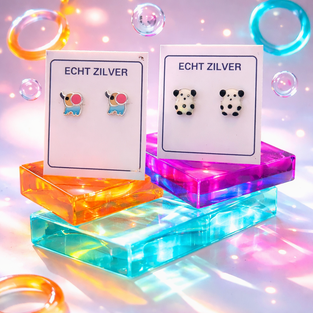 zilveren kinder oorknopjes witte pokemon en gekleurd olifantje – 925 sterling zilver baby oorbellen – 2 paar set – cadeau in geschenkverpakking