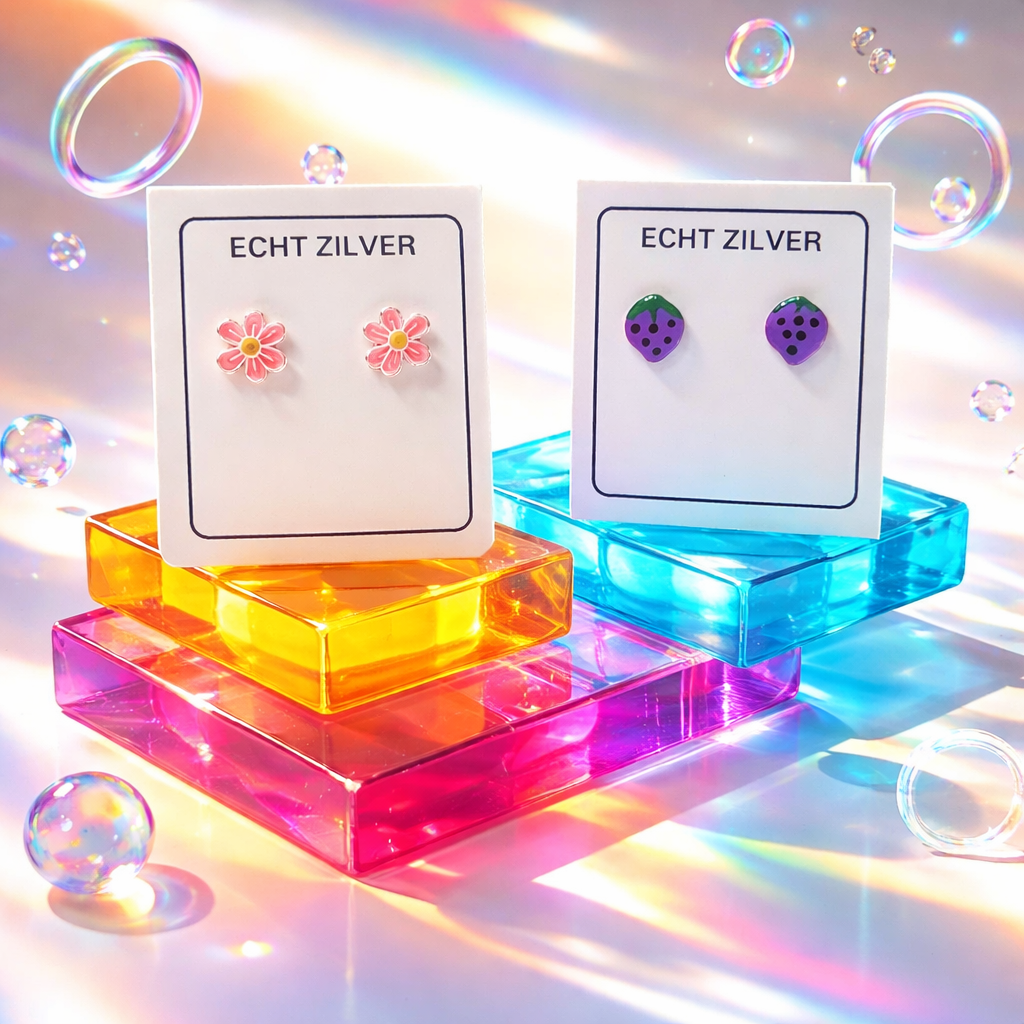 zilveren oorknopjes meisje 925 sterling roze bloem en paarse aardbei kinder oorbellen set van 2 paar inclusief cadeauverpakking