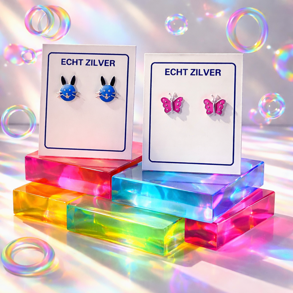 zilveren kinder oorbellen set konijntjes en roze vlinders oorknopjes 925 sterling 2 paar meisjes oorbellen cadeau in geschenkverpakking