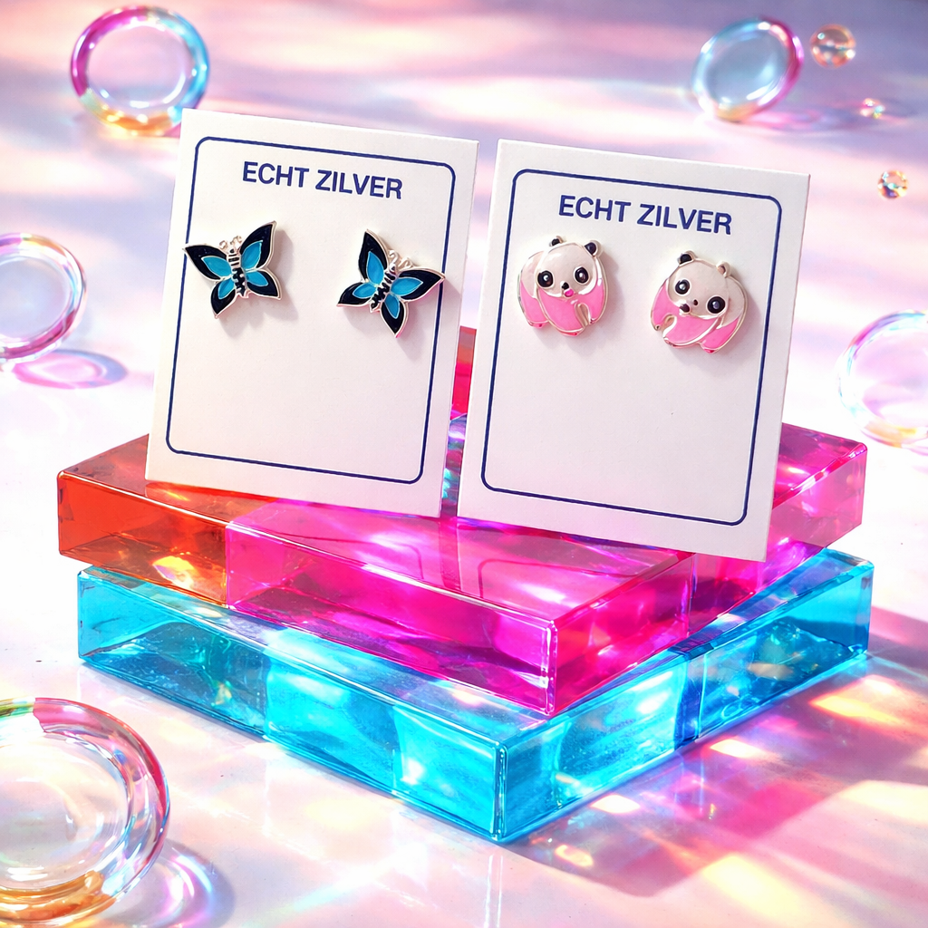 zilveren kinder oorbellen blauwe vlinder roze panda oorknopjes 925 zilver meisjes set cadeauset geschenkverpakking