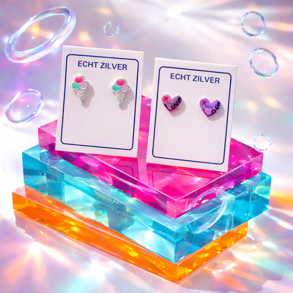 ijsjes en paars hartje zilveren kinder oorbellen oorknopjes 925 zilver meisjes set cadeauset geschenkverpakking