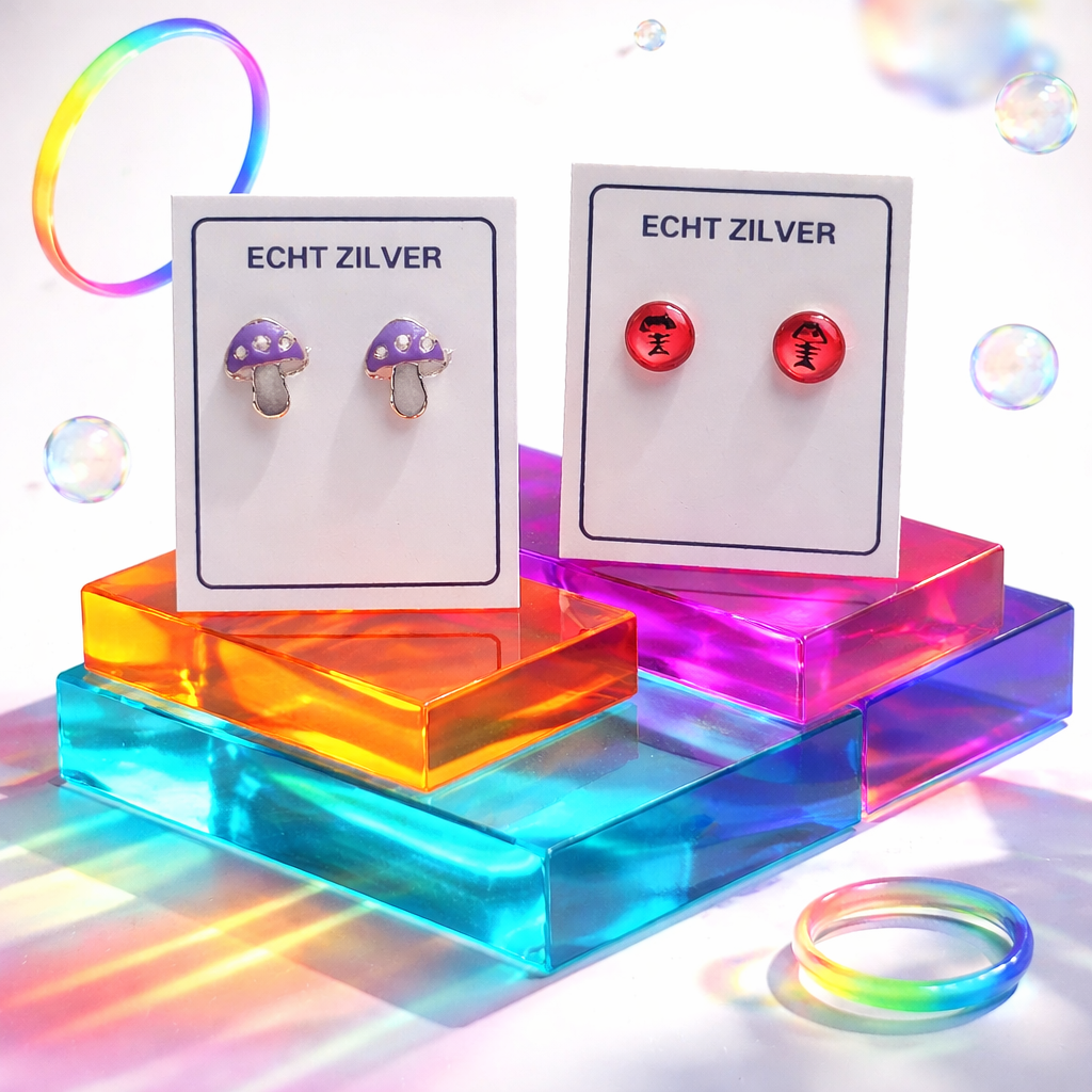 kinder oorknopjes paddenstoel - visgraat zilveren oorbellen 925 meisjes set cadeauset geschenkverpakking