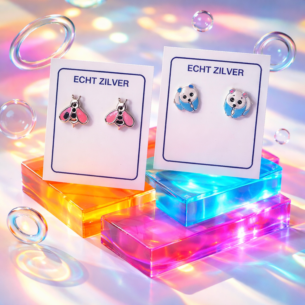 kinder oorknopjes roze vliegje - blauw beertje zilveren oorbellen 925 meisjes set cadeauset geschenkverpakking