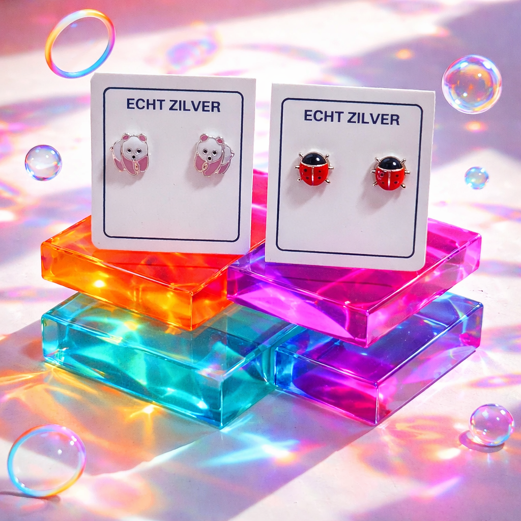 echt zilveren oorknopjes roze beertjes lieveheersbeestje kinder oorbellen 925 meisjes set cadeauset geschenkverpakking