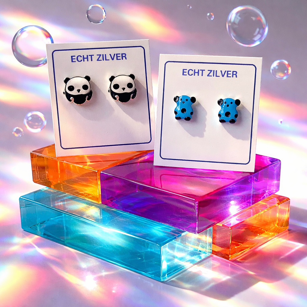 zilveren kinder oorknopjes panda en blauwe pokemon – 925 sterling zilver baby oorbellen – 2 paar set – cadeau in geschenkverpakking