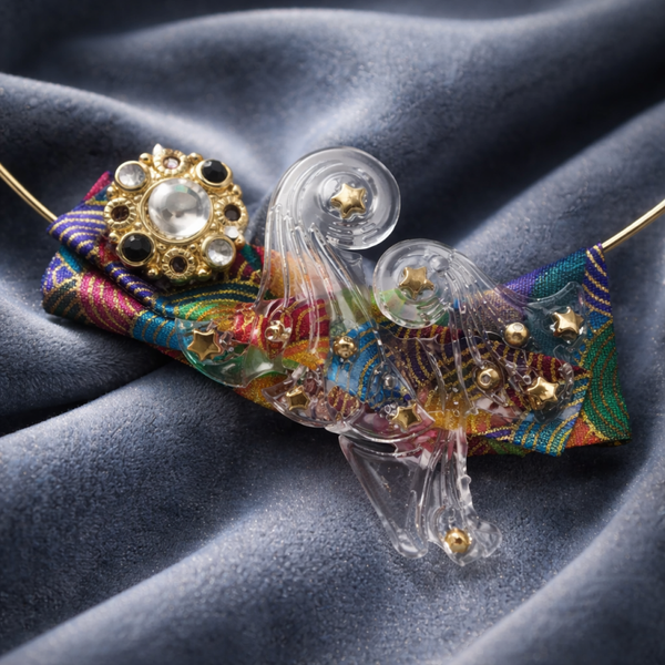 Handgemaakte messing choker 15 cm – transparant epoxy golf met geharde stofjes en hergebruikt sieraad voor slanke hals, uniek design