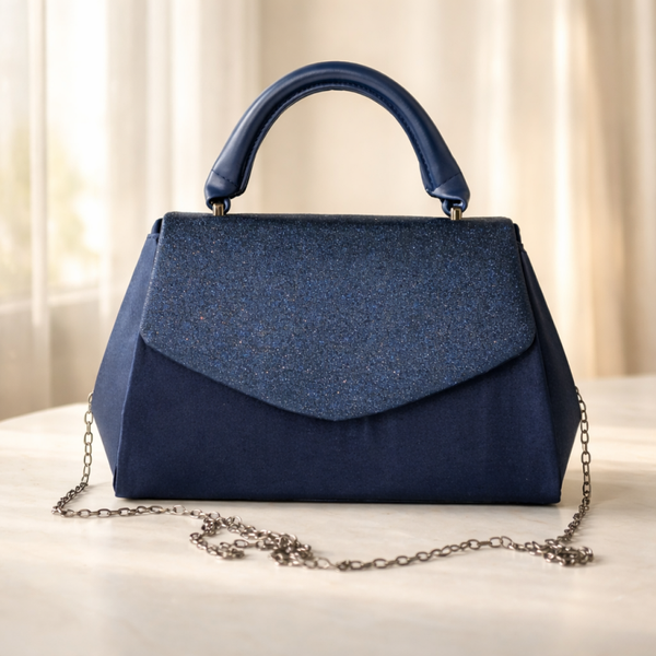 avondtas donkerblauw met pu leren handvat en afneembare schouderketting – ruime en elegante tas dames voor bruiloft, gala & feest