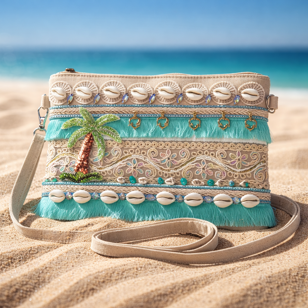 crossbody tas dames blauw creme – handgemaakte katoenen linnen clutch – met schelpjes, kraaltjes en palmboom detail – lichtgewicht en duurzaam