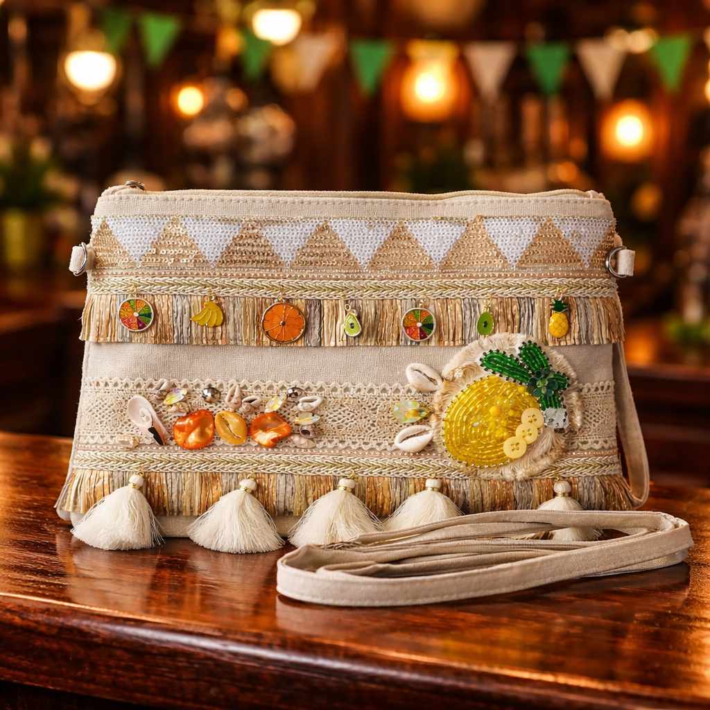 crossbody tas dames linnen/katoen – handgemaakt - clutch – konijntje van kleine kraaltjes, schelpjes, kwastjes en fruithangertjes – lichtgewicht en duurzaam