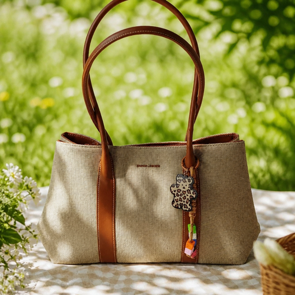 david jones handtas beige/bruin - ruime pu leren dames tas - 3 grote vakken - magneetsluiting - vrolijke tas bedel voorzijde