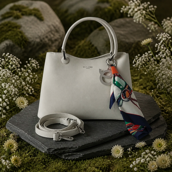 david jones hand- en schoudertas crème - pu leren dames tas - 3 ruime vakken - sierbedel met sjaaltje - stijlvol en praktisch