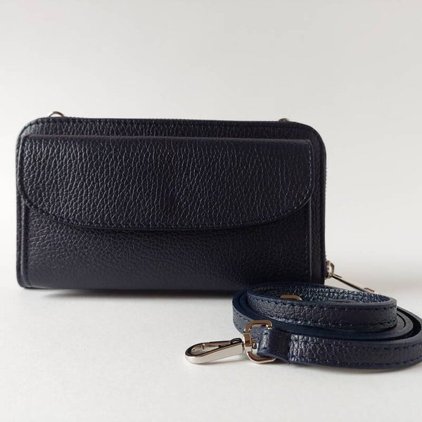 CROSSBODY PORTEMONNEE - echt leer! - donker blauw - kwaliteit - ruim - veel vakken - extra voorvakje
