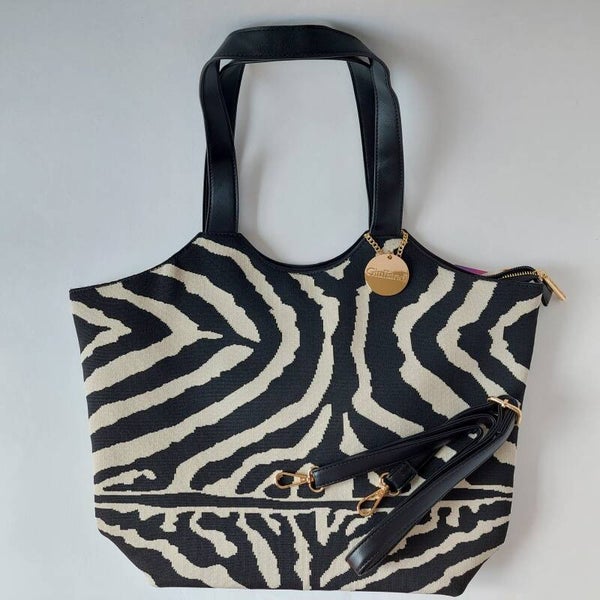 Zebra motief shopper schoudertas - PU leer - diervriendelijk - zebra motief - zwart/wit - ruim - Guiliano -  rits - opvallend