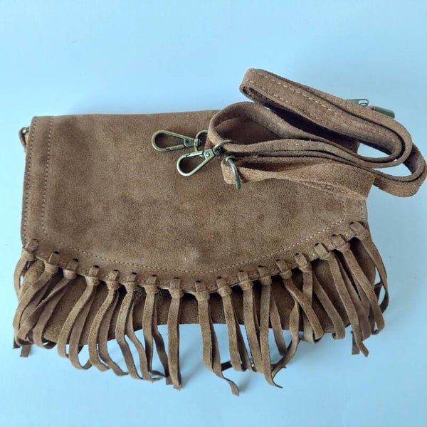 Bruine suède crossbody tas dames – met franje – retro look – Italy made – stoere schoudertas