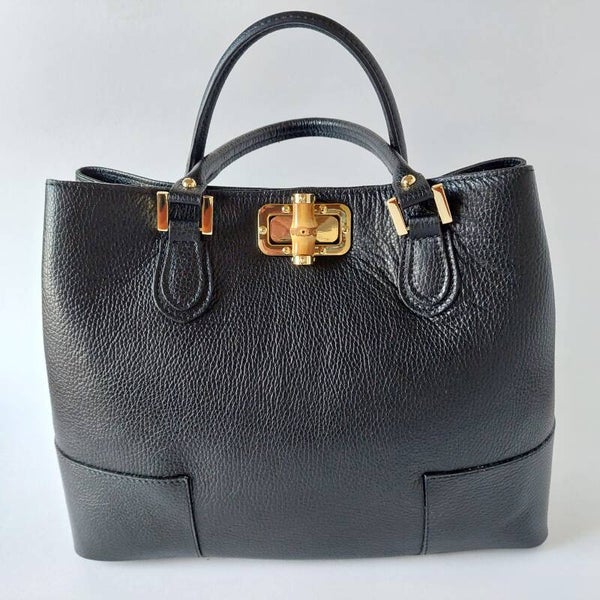 Zwarte leren tas dames – handgemaakt in Italië – chique look – messing details – bamboe draaiknop - kwaliteit