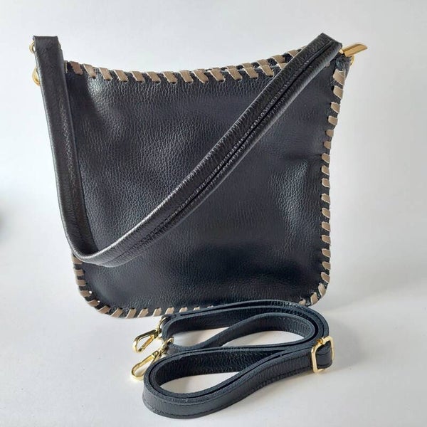 Zwarte leren crossbody tas dames – Borse in Pelle – handgemaakt in Italië – gevlochten leer – losse schouderband