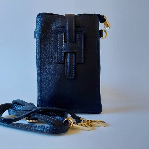 blauw leren crossbody telefoontasje | handgemaakt in Italië | dames schoudertas - met het bekende H logo