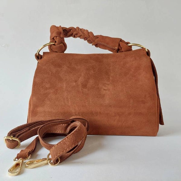 bruine suède hand- en schoudertas | handgemaakt in italië | topkwaliteit met gevlochten handvat