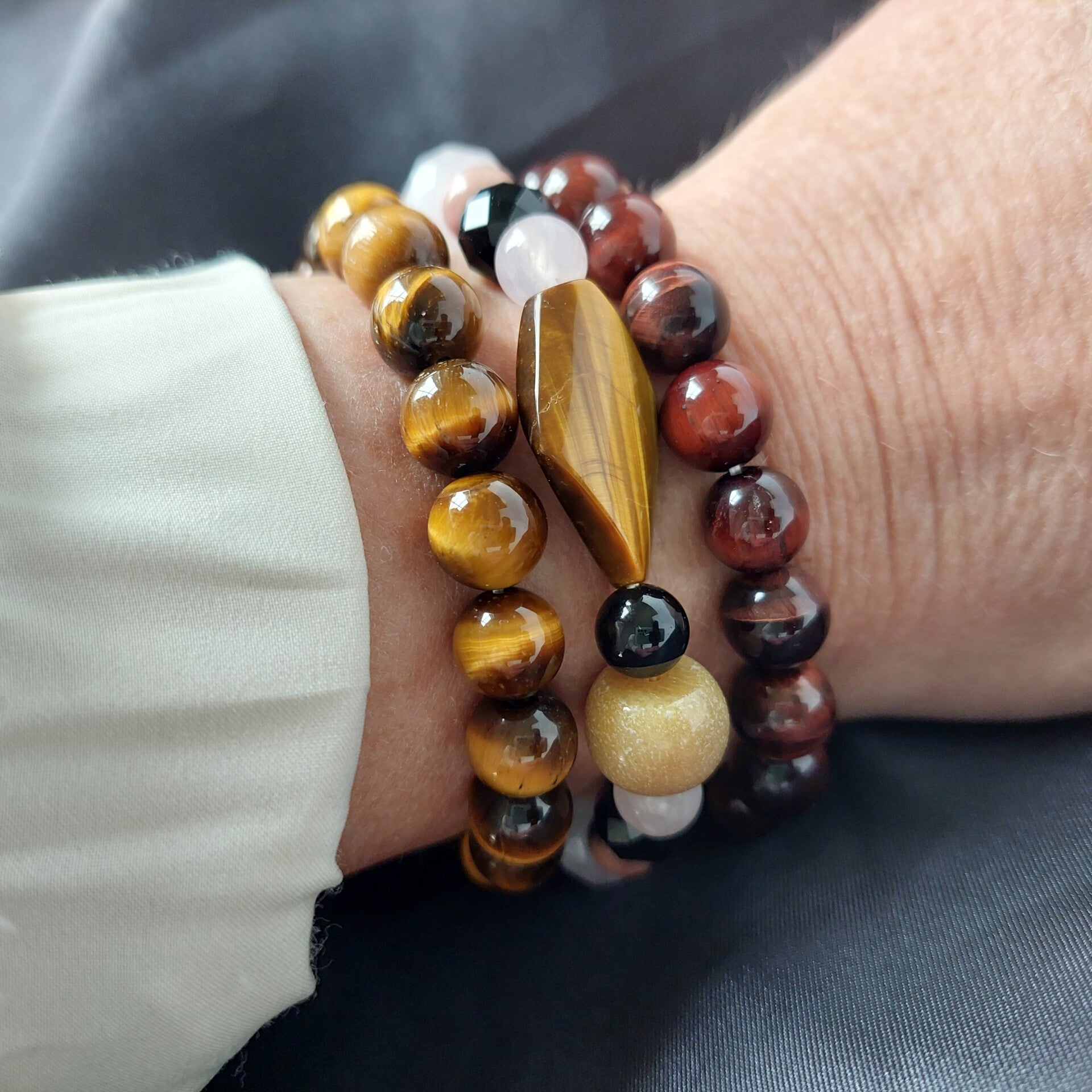 handgemaakte armbanden gepolijste edelstenen – rozenkwarts, agaat en obsidiaan – helende werking – set van 3