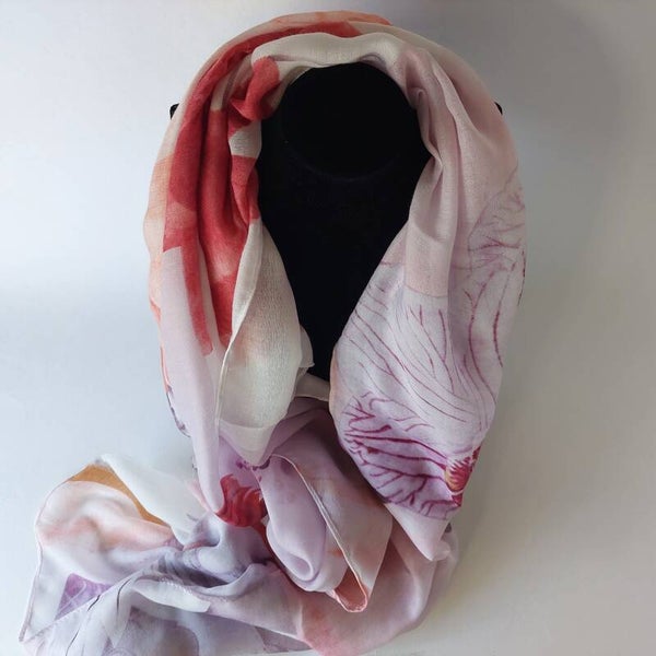 sjaal dames katoen viscose 50/50 – bloemenprint multi color – lichte zomersjaal met kleine franjes – kleurrijke en elegante lente sjaal