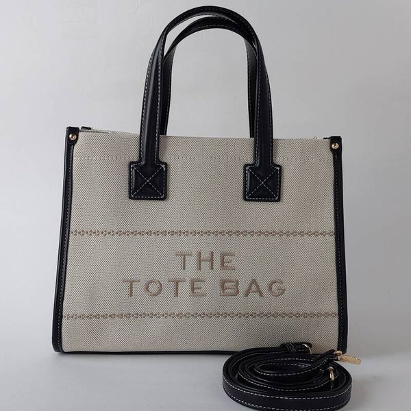 Tote Bag Dames Canvas – Handtas - Schoudertas – créme - Zwarte Handvatten