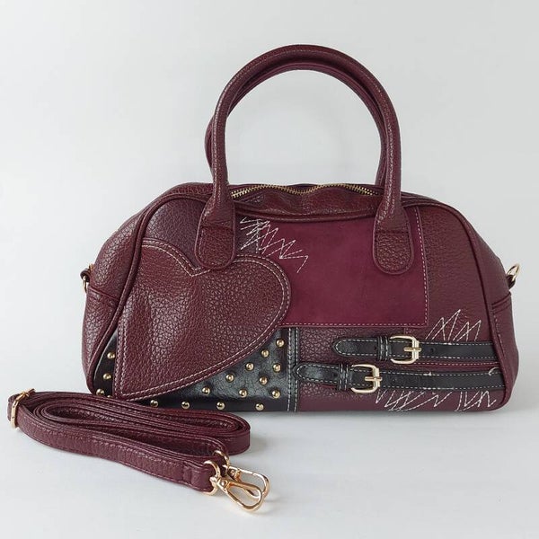 Damestas - Bordeaux - Hand - Schouder – PU leer –  Hartvormig detail  & Gespen - stoer