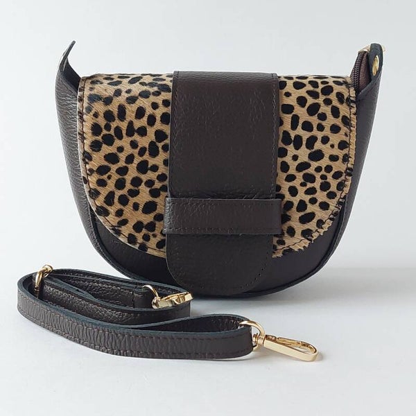 Crossbody Tas Dames - Handgemaakt Leer - Kleine Schoudertas - Panterprint - Bruin