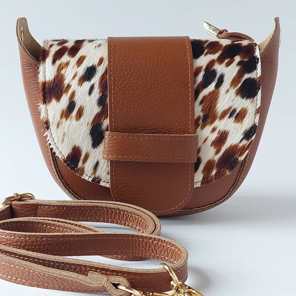 Crossbody Tas Dames - Handgemaakt Leer - Kleine Schoudertas - dier print - Cognac
