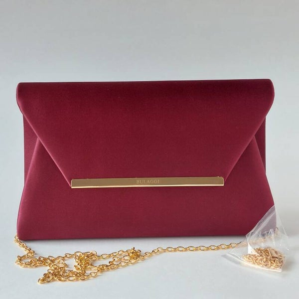 Clutch Dames – Bordeaux – Satijn - Envelop Avondtas met Gouden Schouderketting – Gala & Bruiloft