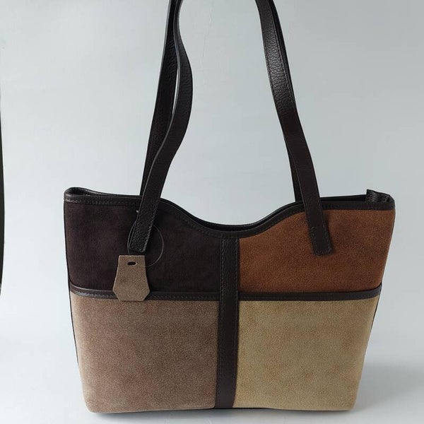 Suède Handtas & Schoudertas Dames - Italiaans Leder - Blokmotief - Bruin / Beige