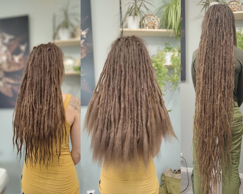 Takkujen lyhennys ja mallin muotoilu. Latvat vielä märät vedestä lopputuloksessa 😂