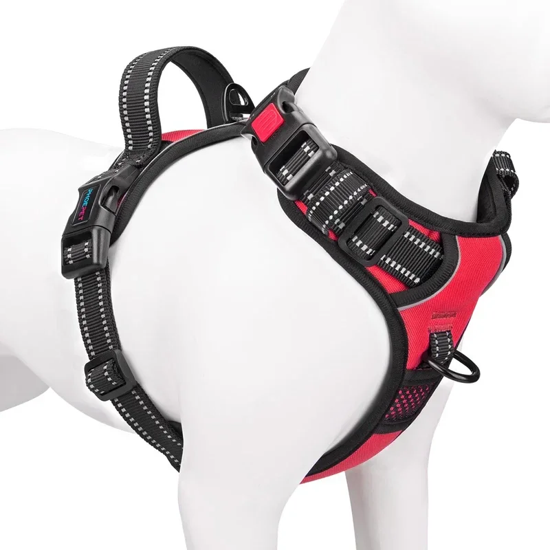 PHOEPET Harnais pour chien moyen, réfléchissant, anti-traction, réglable, rouge