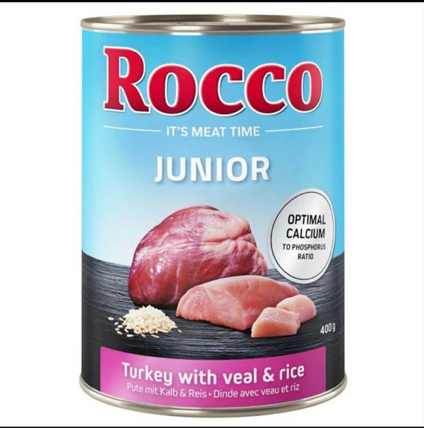 Lot Rocco Junior 6 x 400 g pour chiot Dinde, cœurs de veau & riz