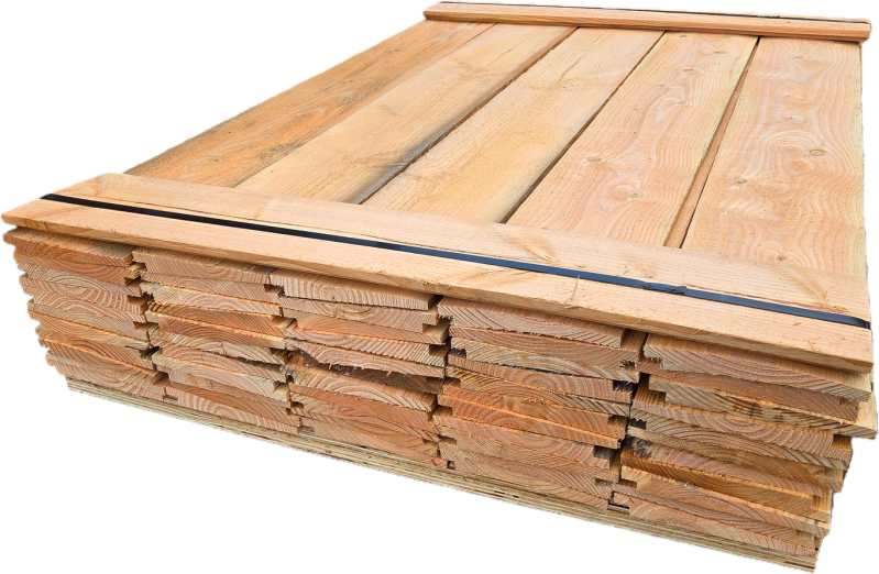 14.8 m2 Douglas Zweeds rabat  Werkende Breedte: 180 mm Dikte: 12 naar 24 mm  55 stuks 1.50 meter lichte  B-keus   € 220,- inclusief BTW  Paknummer: tp169
